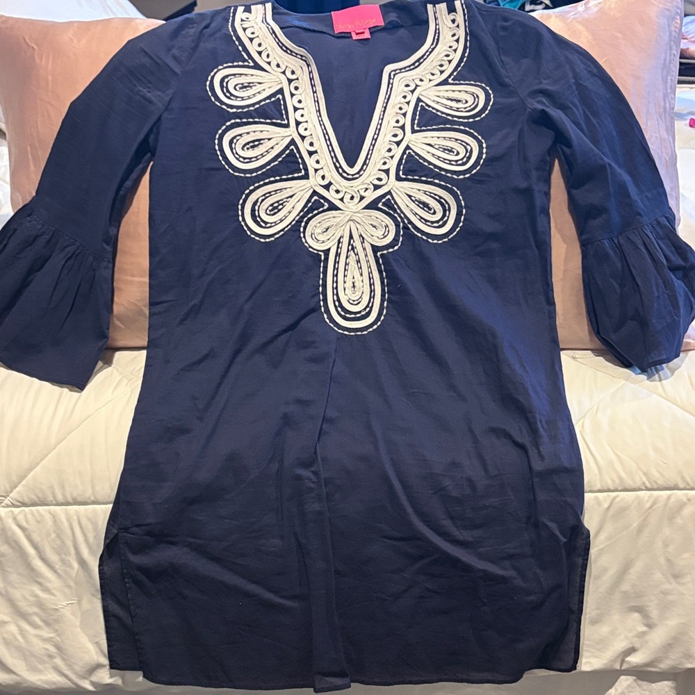 Lilly Pulitzer Navy Tunic Cover-Up Dress with White Embroidered Placket